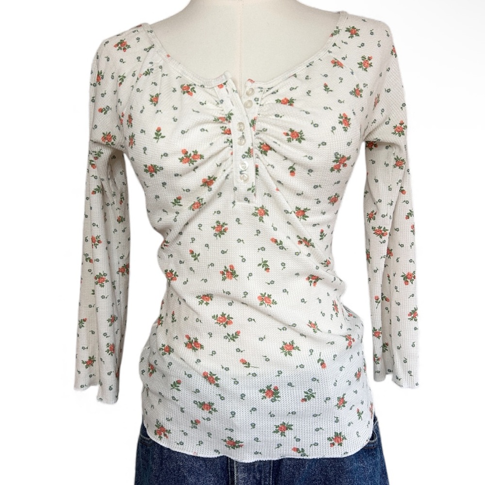 Guess White Floral Henley Top with Pink & Green Flowers